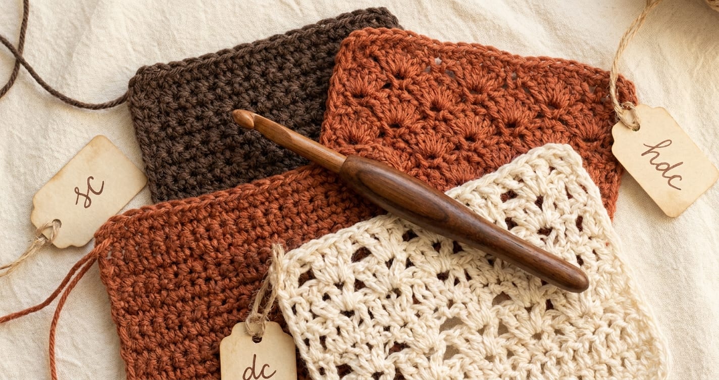 Crochet stitch swatches in different textures arranged on a wooden table with a crochet hook.