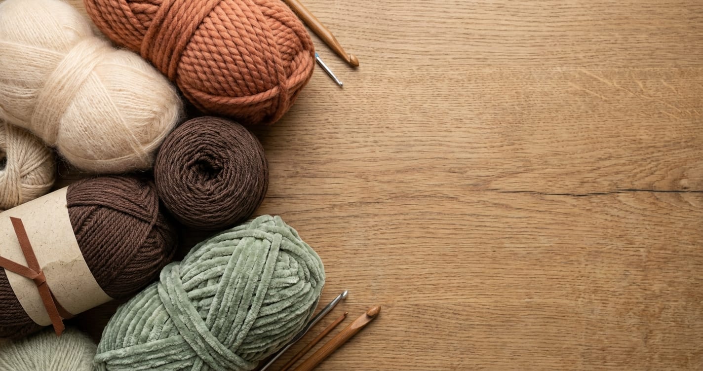 Assorted yarn balls and skeins of different weights and fibers arranged on a wooden table.