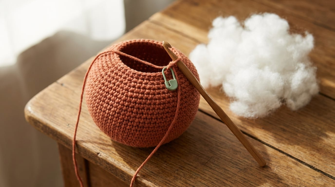 A half-finished crocheted sphere on a wooden hook in terracotta cotton yarn, with a stitch marker in the first stitch and a small mound of white fiberfill resting nearby on a warm oak table.