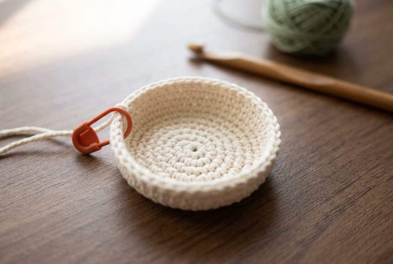 A close-up of a small crocheted disc growing into a cup shape in cream cotton, with a locking stitch marker in the first stitch of the round.