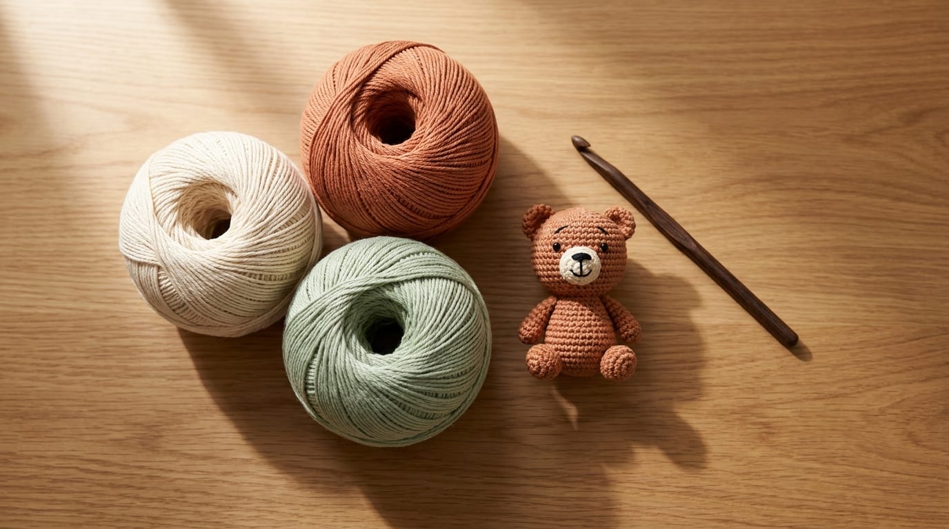 Neat balls of smooth cotton yarn in cream, terracotta, and sage resting on a warm oak table beside a small finished amigurumi animal and a wooden crochet hook.