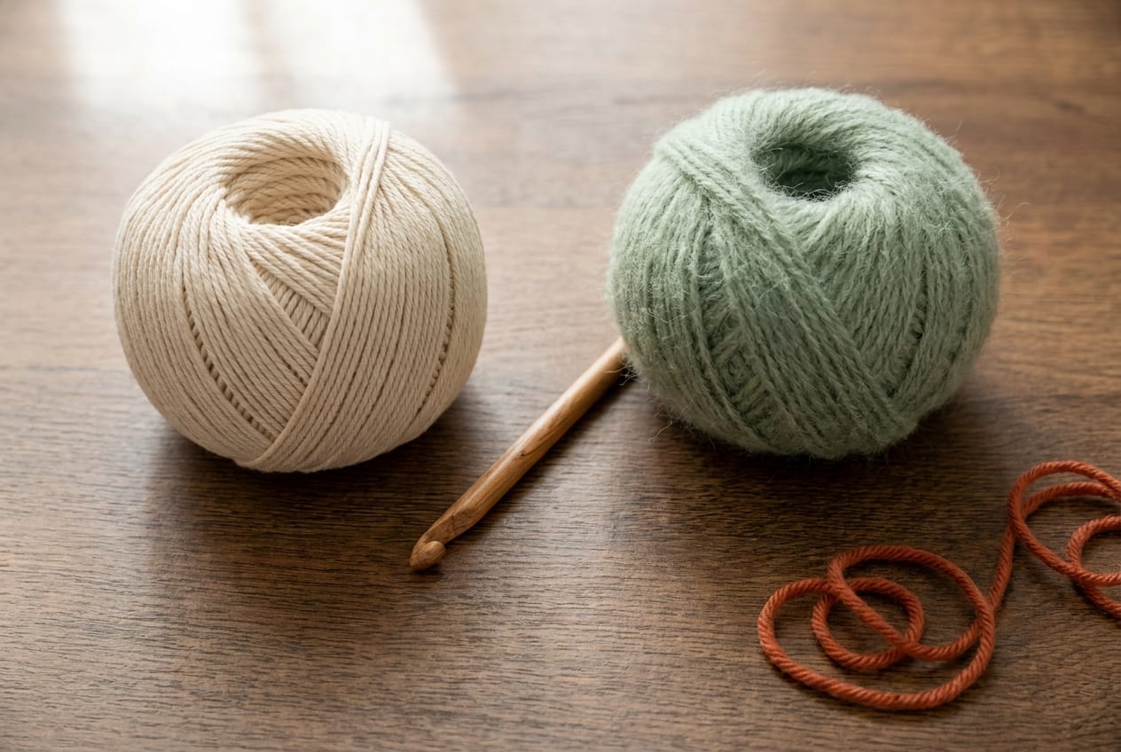 A ball of smooth cream cotton yarn beside a ball of smooth sage acrylic yarn on a warm oak table, with a small wooden crochet hook resting between them.