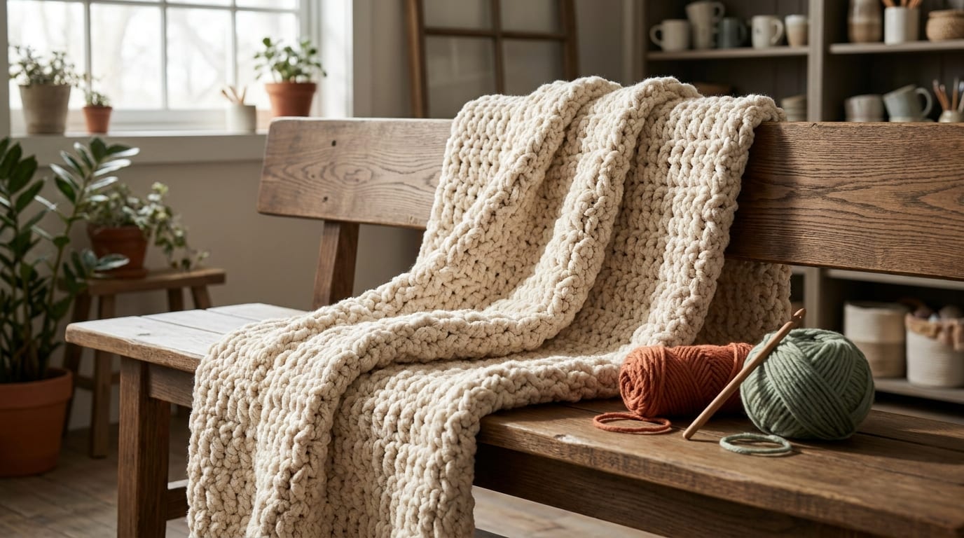 A thick chunky cream crochet blanket with very large visible stitches draped over a wooden bench on warm oak.