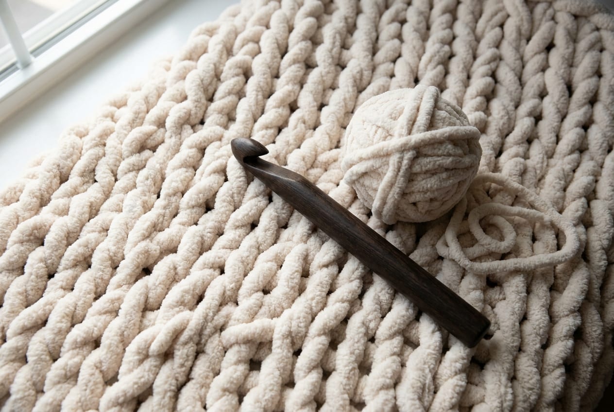 Close-up of giant chunky crochet stitches next to a large wooden hook with cream chenille yarn.