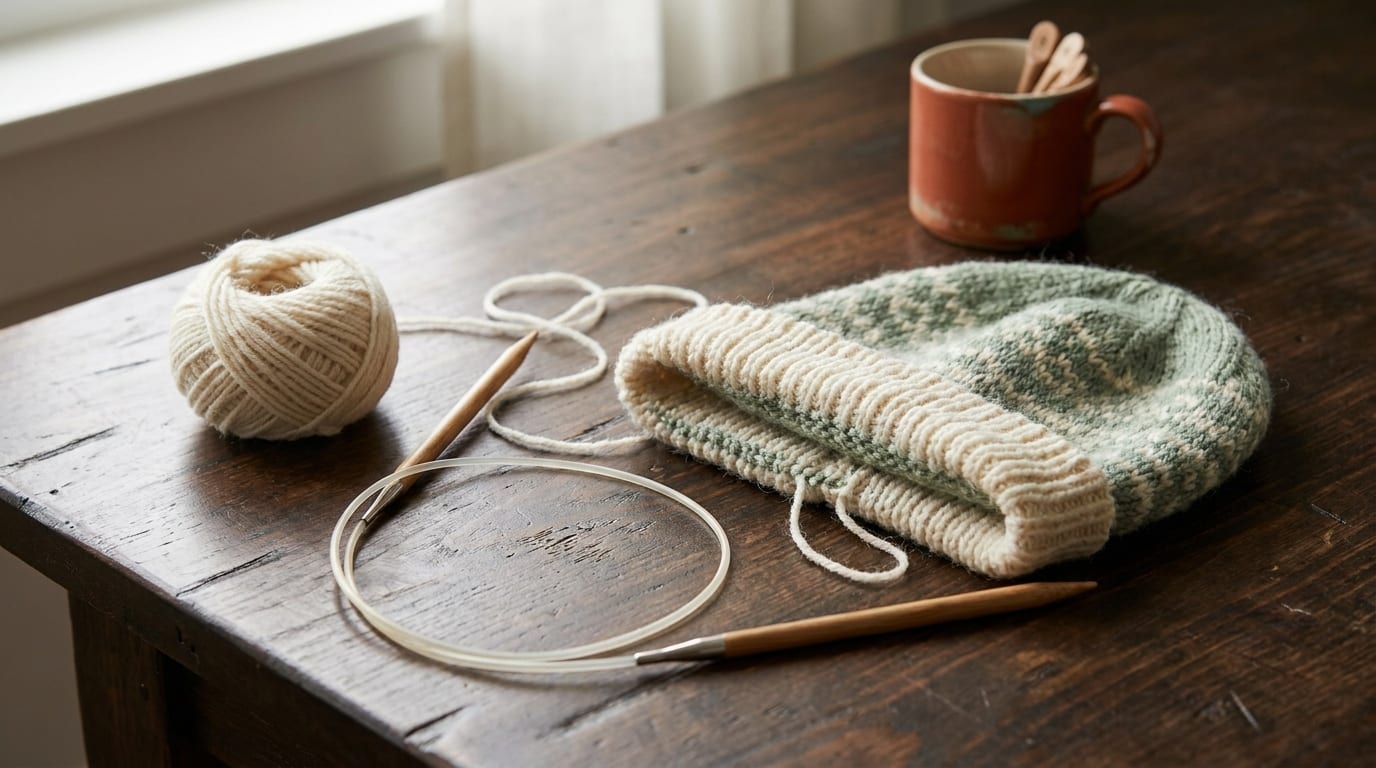 A coiled circular knitting needle resting on a warm oak table with a half-finished hat being knit in the round in cream and sage yarn.