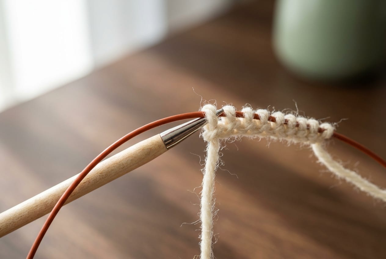 A close-up of a circular knitting needle tip joined to its flexible cable, with a stitch being worked in cream wool.