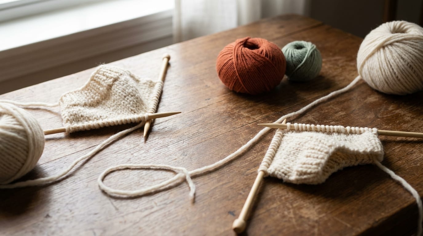 Two knitting setups side by side on a warm oak table, one with cream yarn feeding in from the right and one from the left, each with wooden needles.
