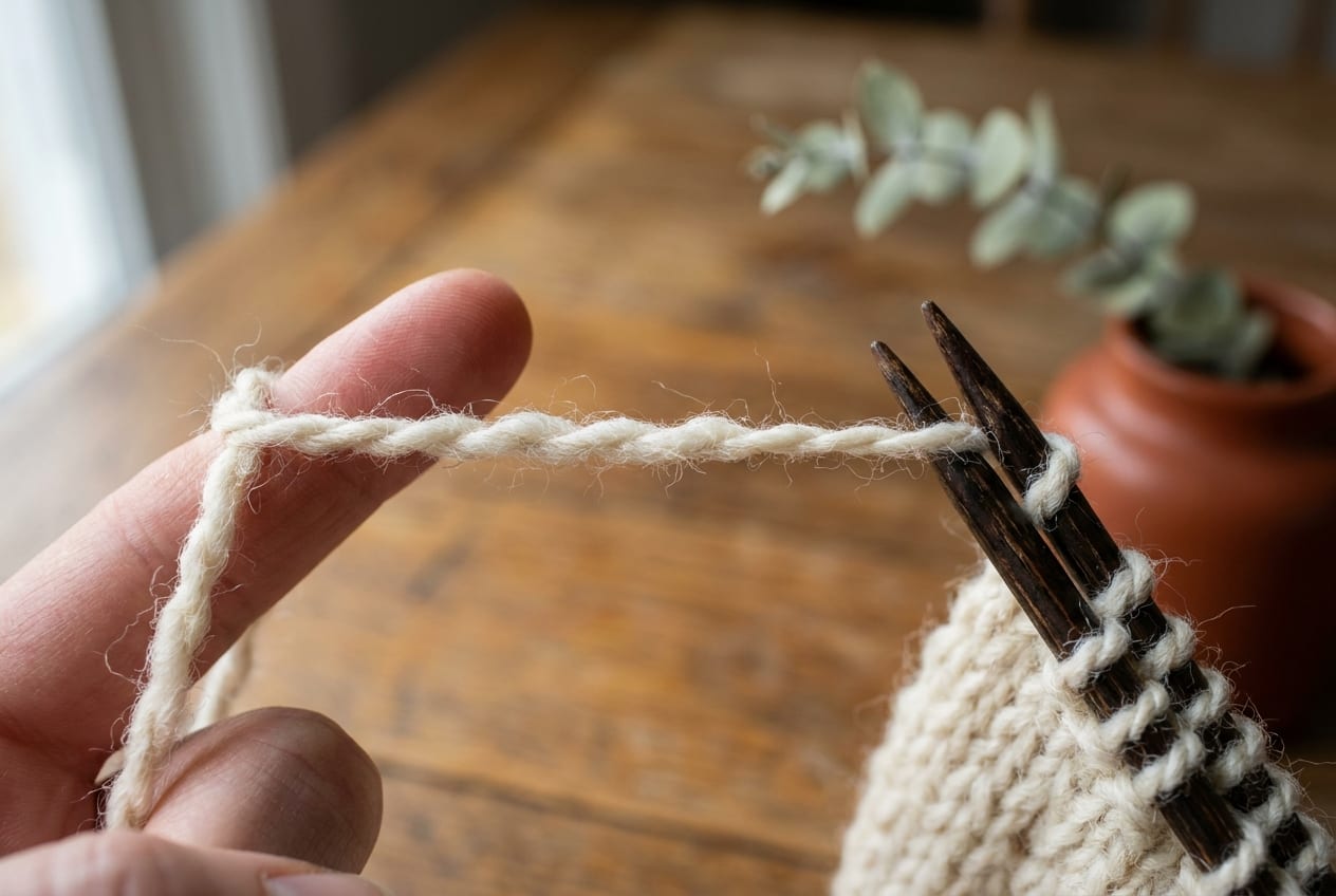 Close-up of cream yarn tensioned over a finger beside wooden knitting needles, showing the short yarn path of the continental method.