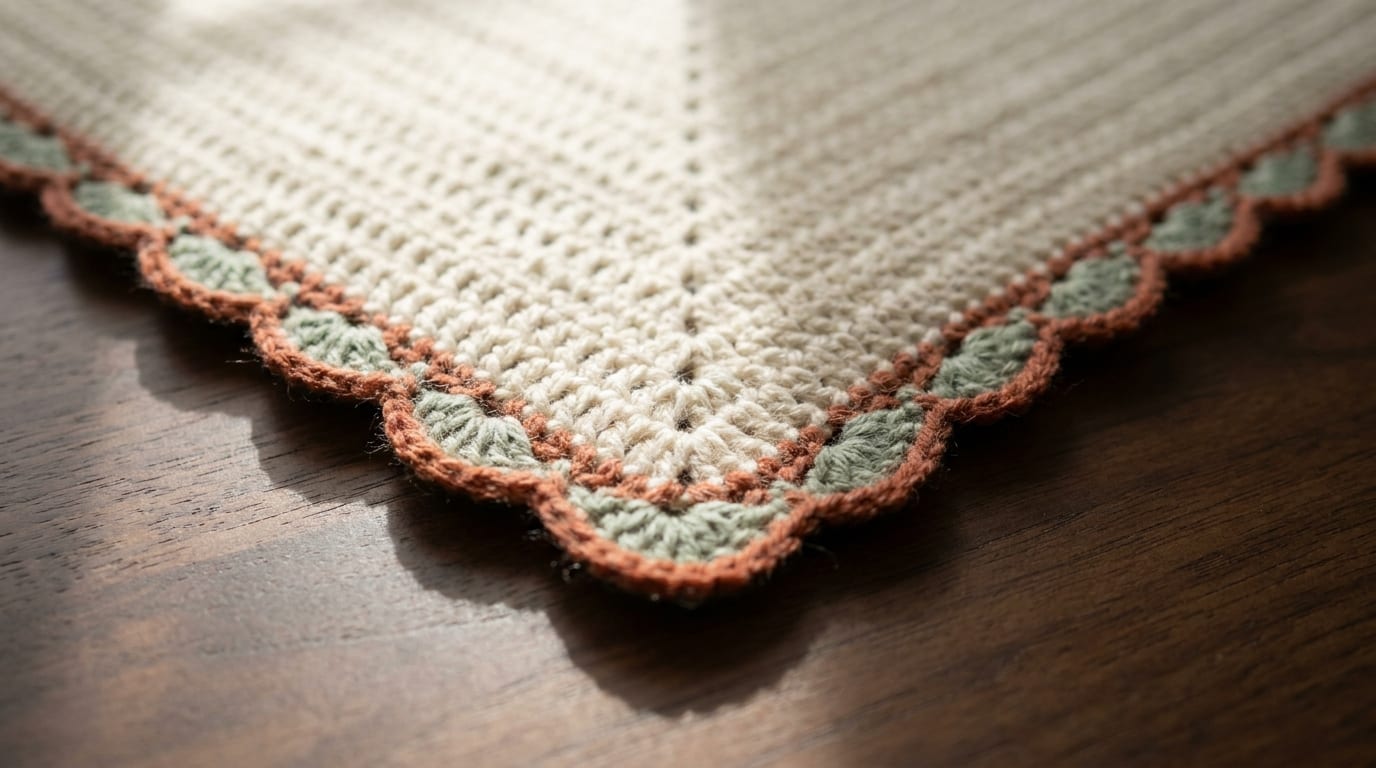 A corner of a cream crochet blanket finished with a neat terracotta shell border, resting on warm oak.