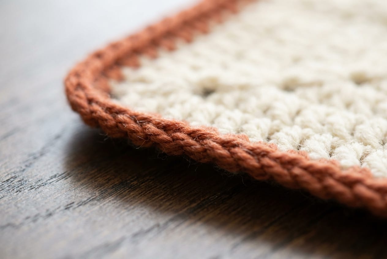 A close-up of a corded crab-stitch reverse single crochet edge on a cream crochet blanket in terracotta yarn.