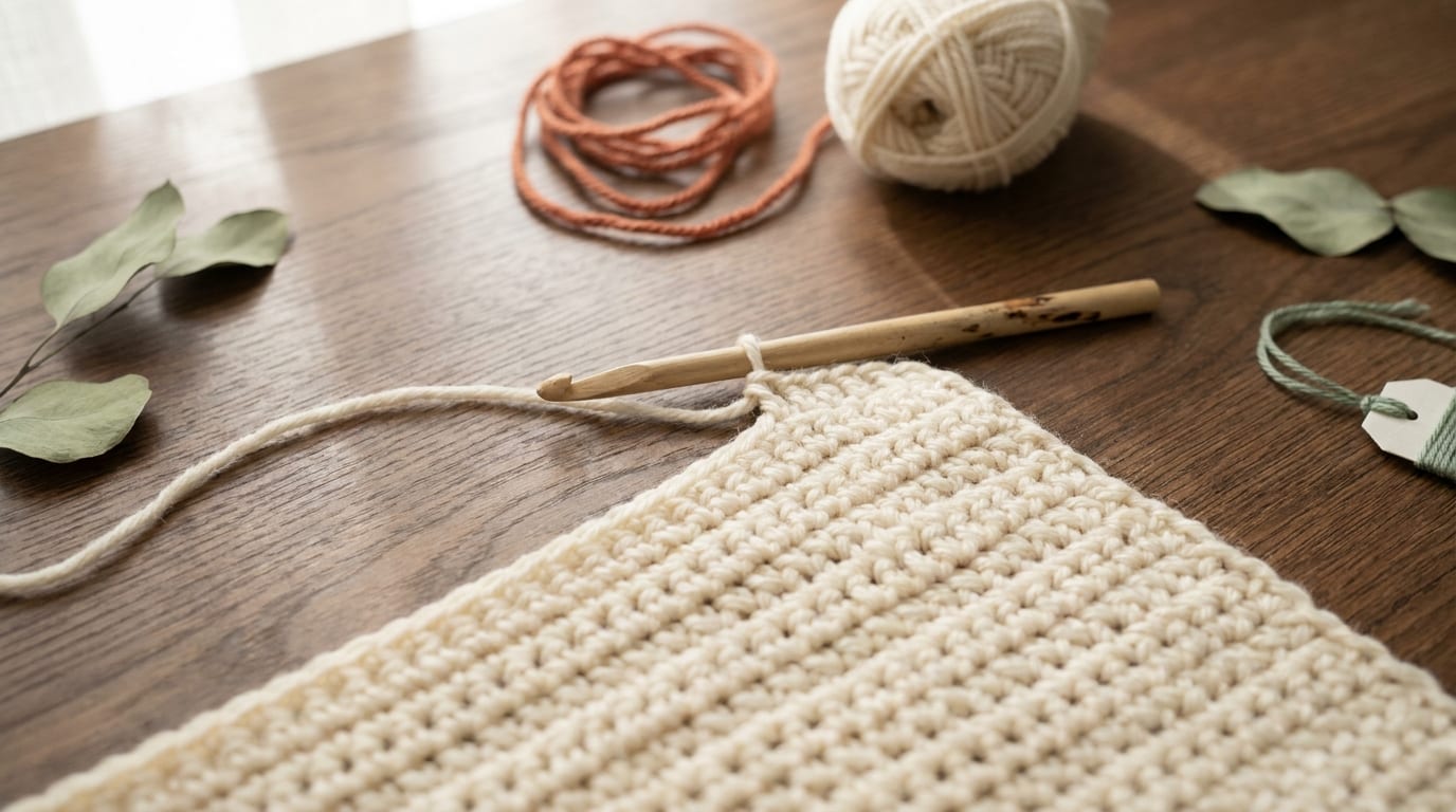 A simple half-finished beginner crochet blanket in cream worsted yarn on the hook, growing in neat rows on a warm oak table.