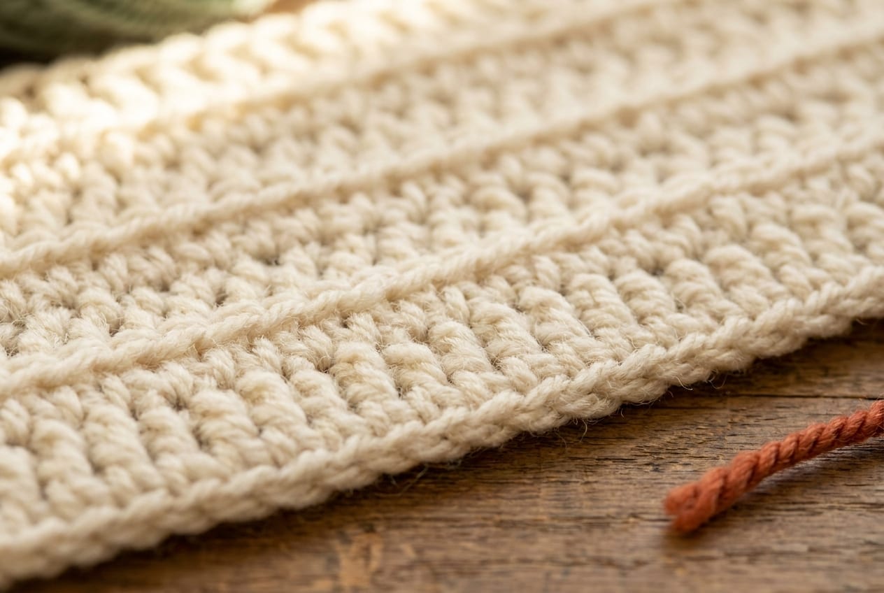 A close-up of even half double crochet rows in cream worsted yarn, showing the neat ridged texture of the stitch.