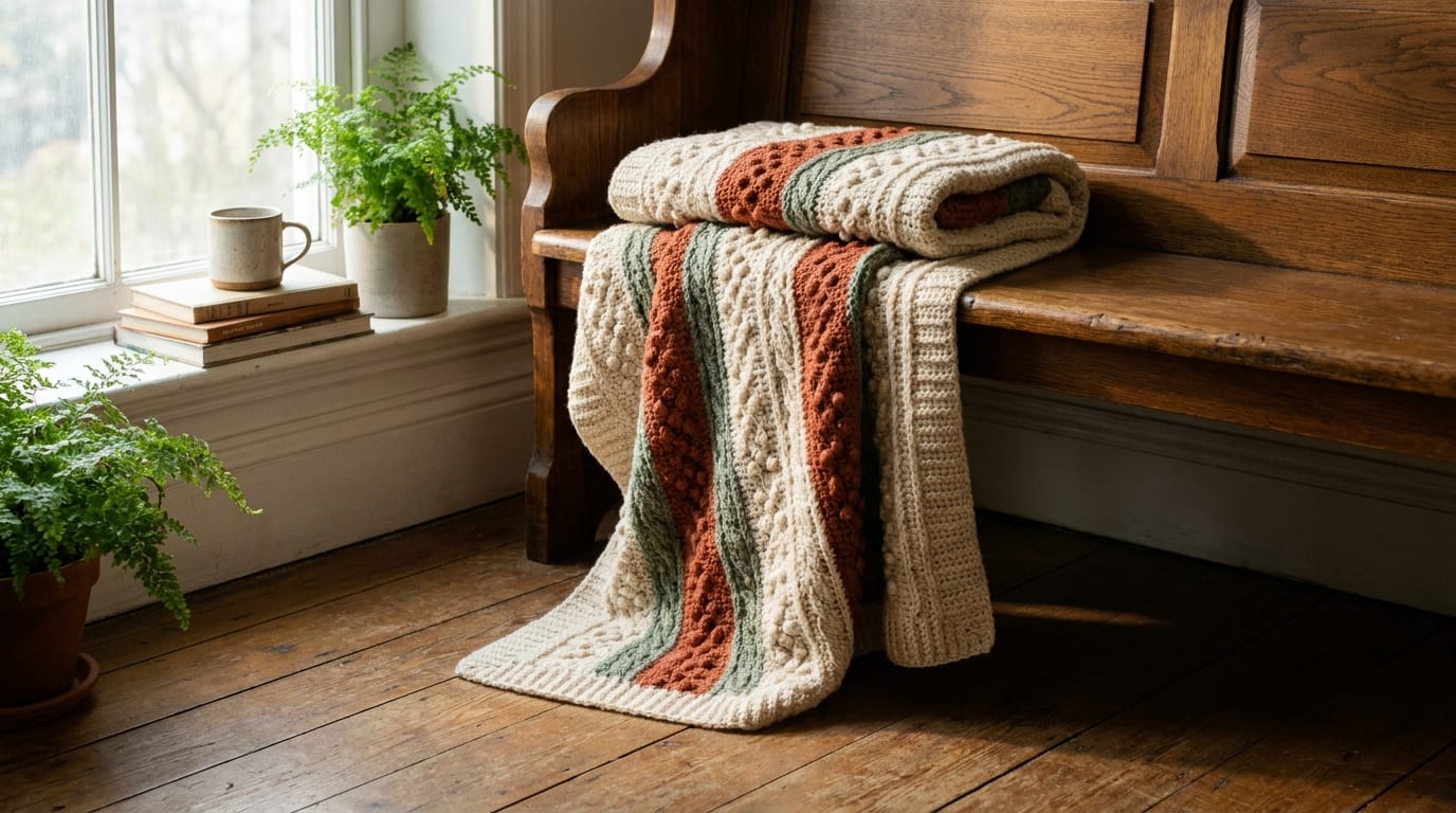 A finished cream and terracotta crochet throw blanket folded neatly over a wooden bench by a window.