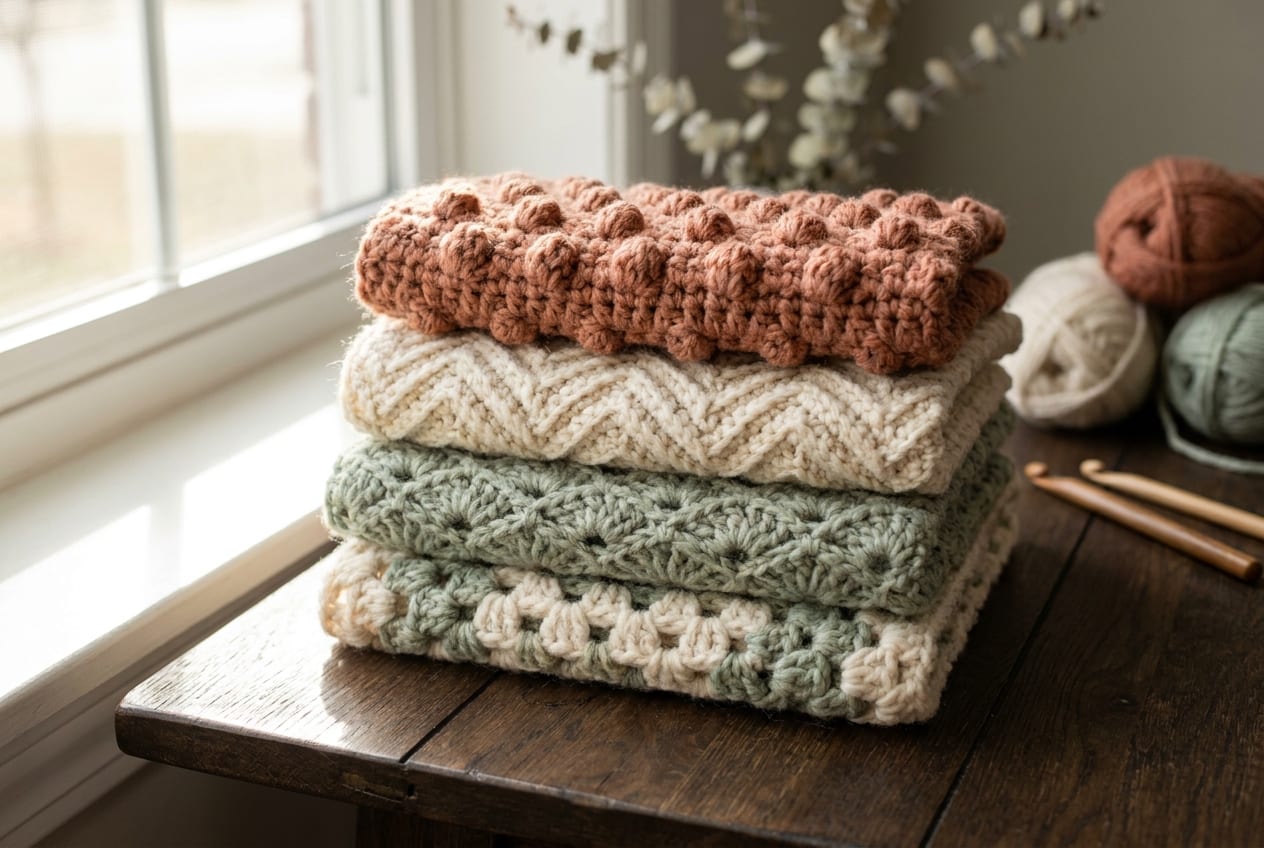 Several crochet blanket swatches in different stitches, including granny, chevron, and shell, stacked on a wooden table.