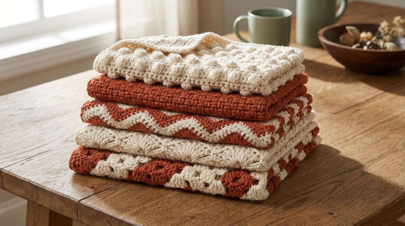 A stack of crochet blanket swatches in different stitches, granny, shell, ripple, moss, and bobble, in cream and terracotta on a warm oak table.