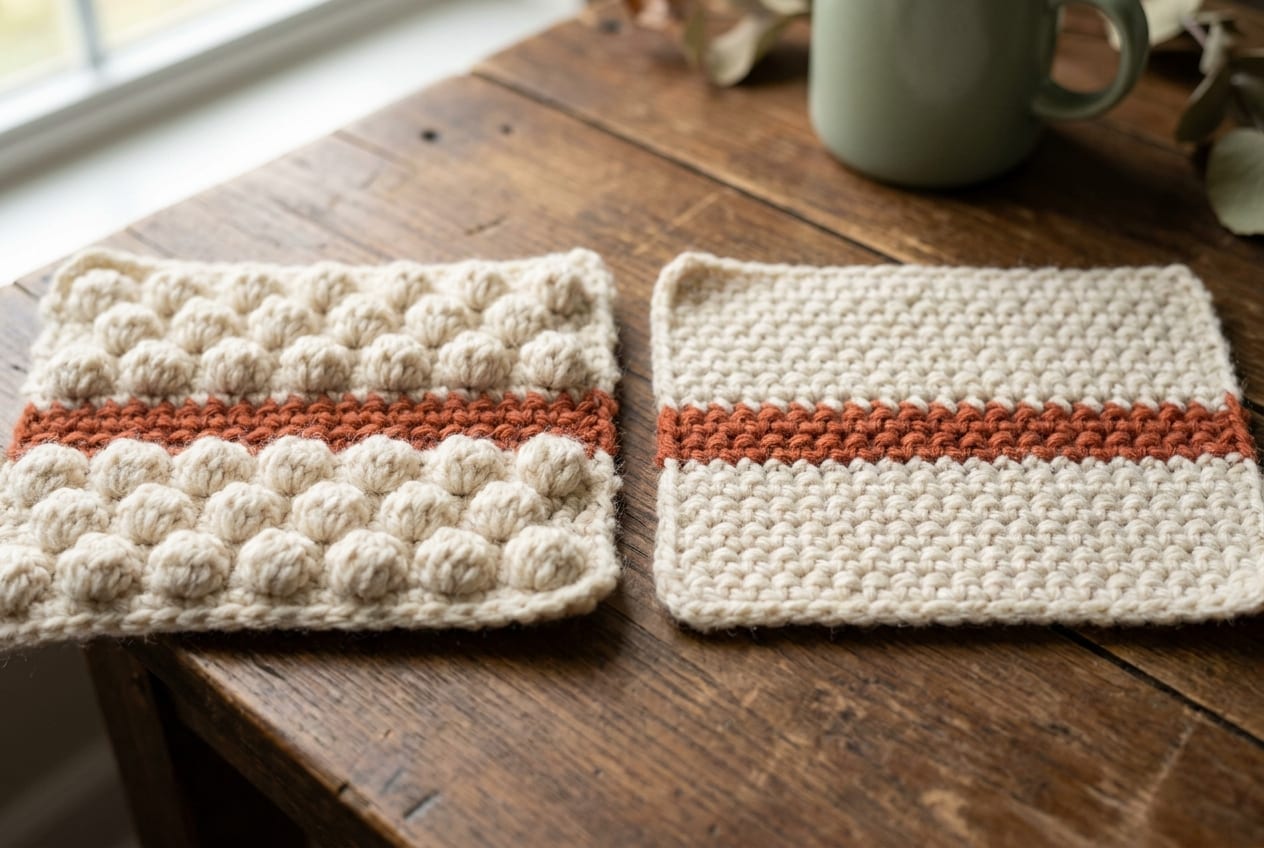 A close-up comparison of two textured crochet swatches side by side, a bumpy bobble swatch next to a flat moss-stitch swatch, in cream and terracotta.