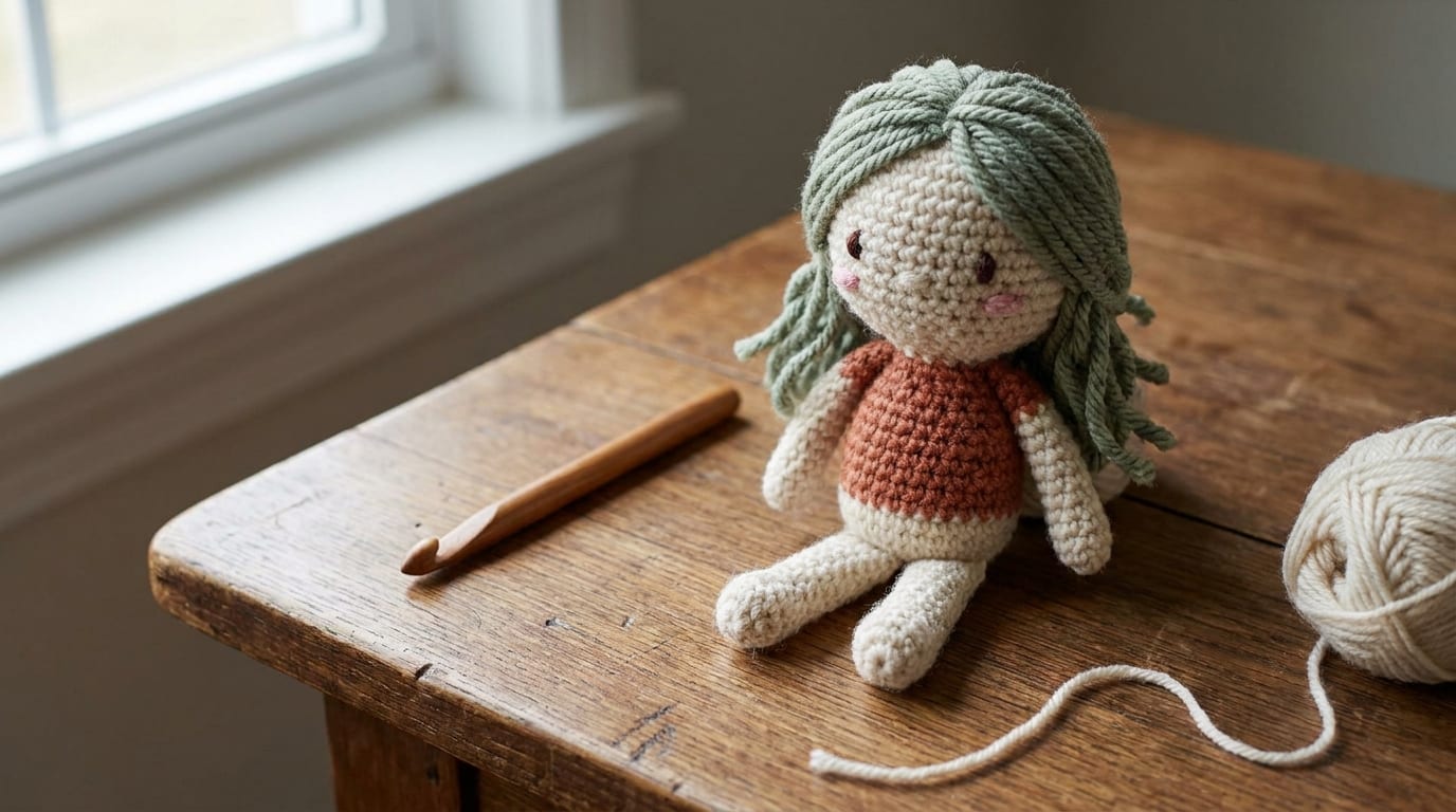 A small finished crocheted amigurumi doll with yarn hair and a simple embroidered face sitting on a warm oak table beside a wooden hook and a ball of yarn.