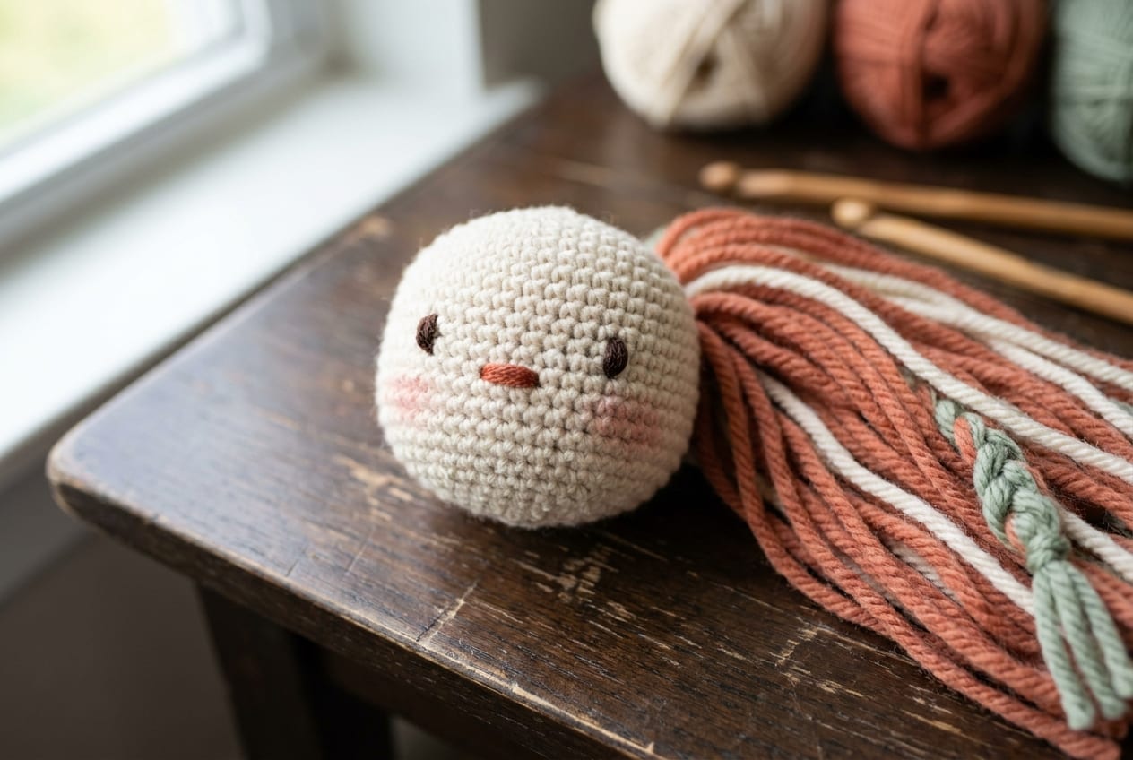A close-up of a crocheted doll's embroidered face with small stitched eyes and blushed cheeks, beside soft yarn hair detail on a warm oak table.
