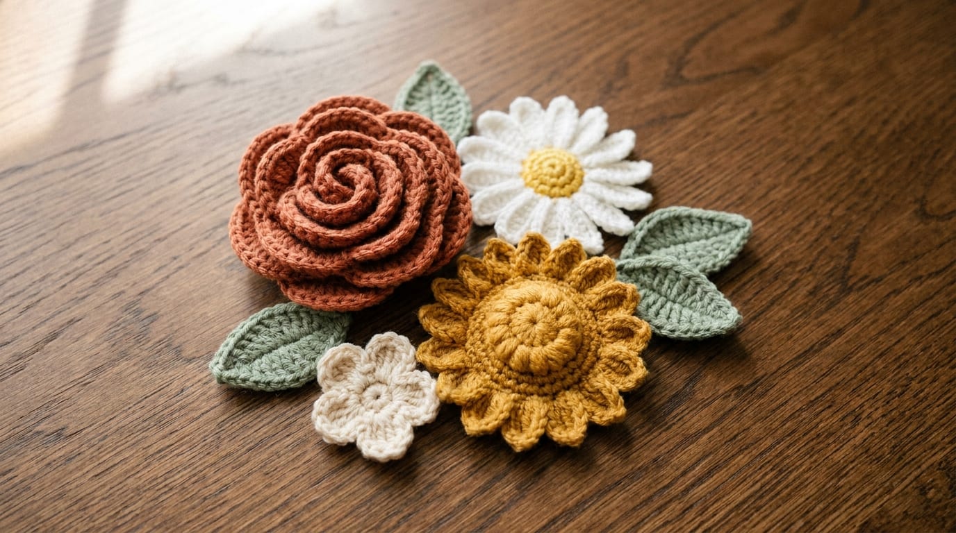 An assortment of finished crochet flowers, including a rose, a daisy, a sunflower, and a small five-petal flower, with two crochet leaves arranged on a warm oak table.