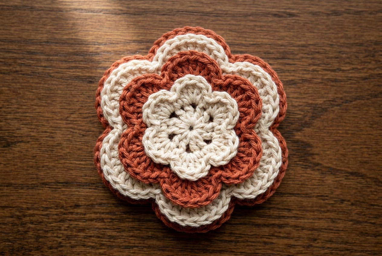 A close-up of a single layered crochet flower showing the separate rounds of petals stacked behind one another.