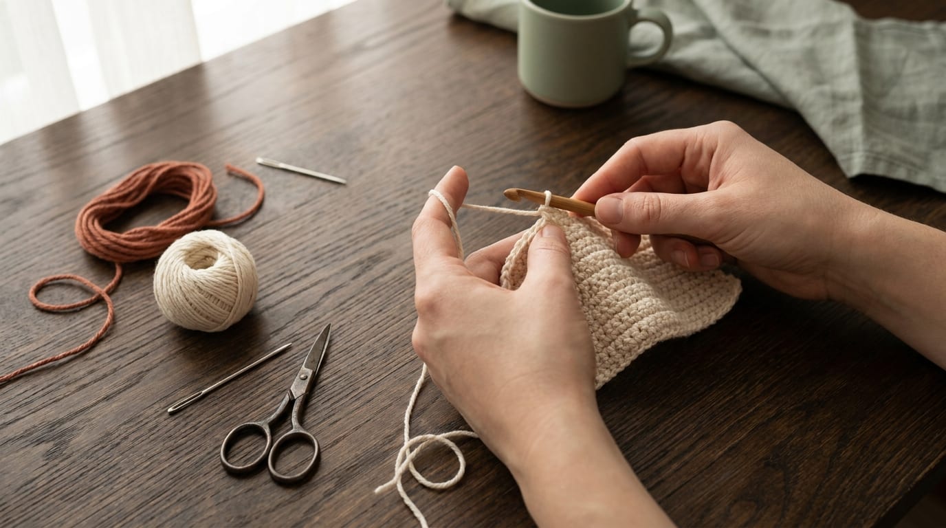 A pair of hands working a single crochet stitch in cream cotton yarn on a warm oak table, with a small ball of yarn, scissors, and a yarn needle arranged nearby.
