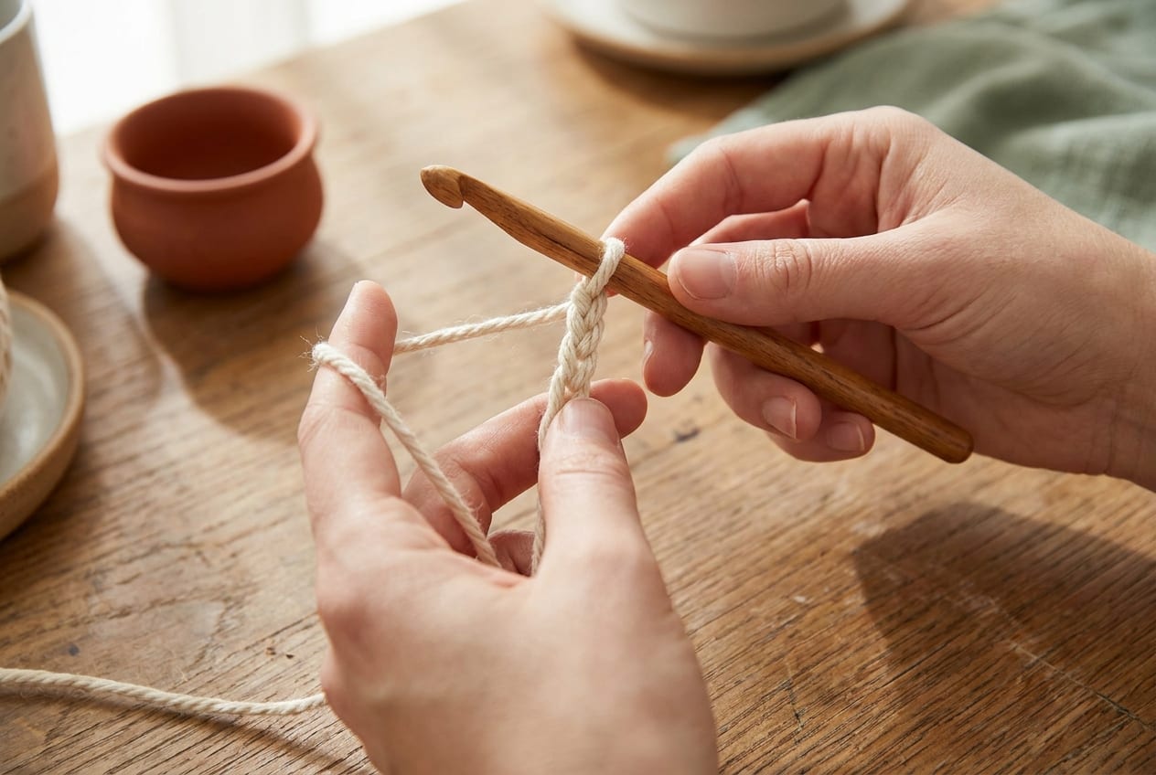 A close-up of hands holding a wooden crochet hook with a slip knot and the start of a foundation chain in cream cotton yarn.