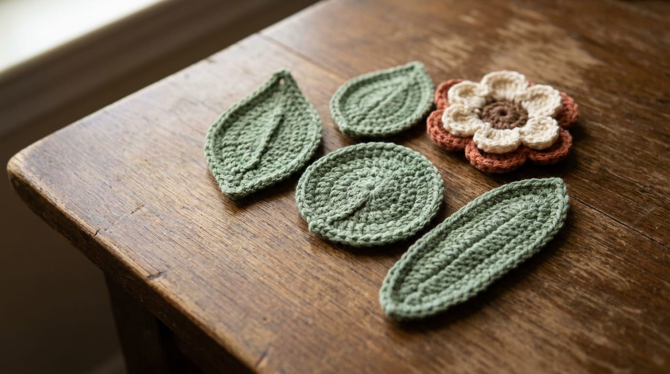 Several green crochet leaves of different shapes arranged with a single crochet flower on a warm oak table.