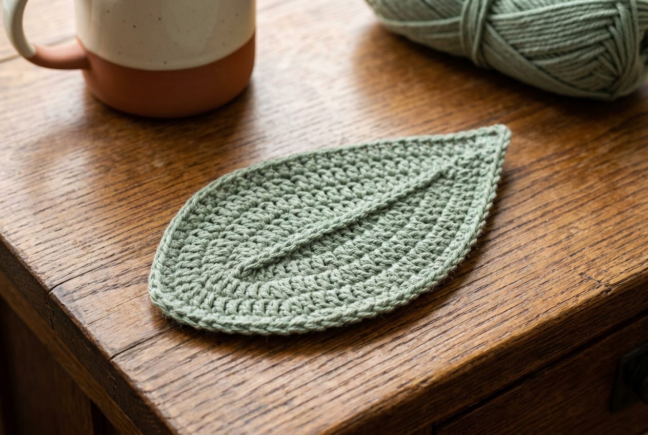 A single pointed crochet leaf shown close up, with the graduating stitches and a raised center vein visible.