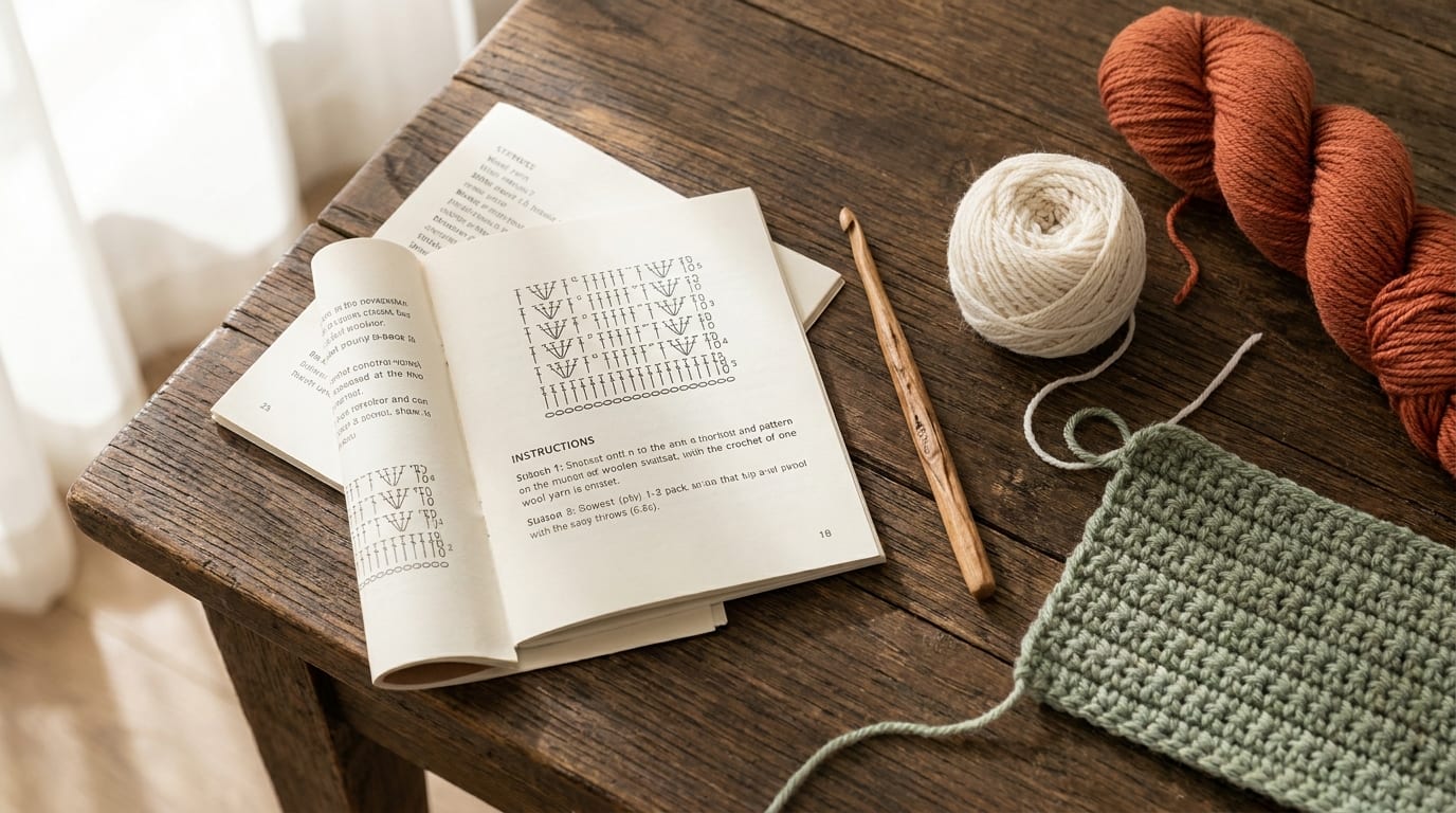 An open printed crochet pattern booklet on a warm oak table beside a wooden hook, a ball of cream yarn, and a half-worked terracotta swatch.