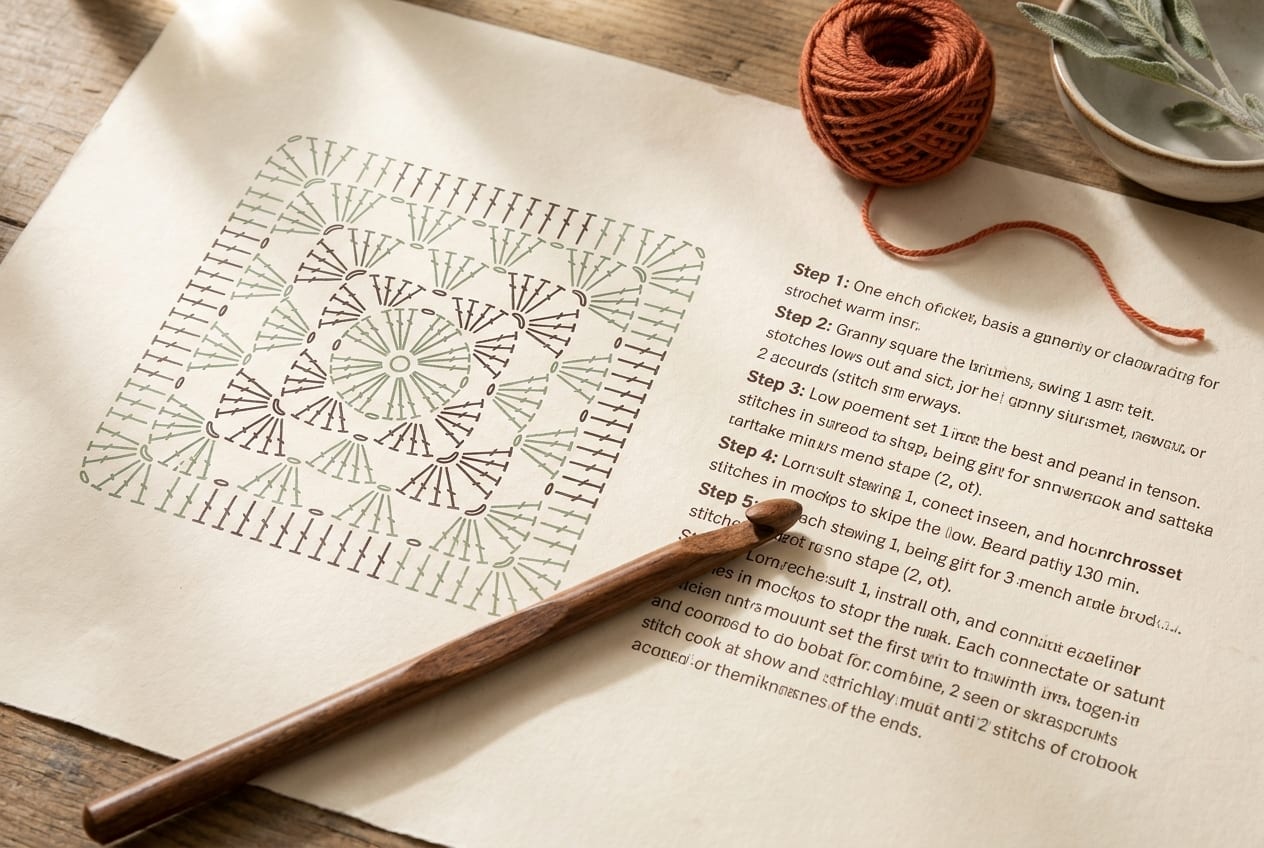 A printed crochet chart with stitch symbols beside the matching written instructions on cream paper, with a wooden hook resting across the page.