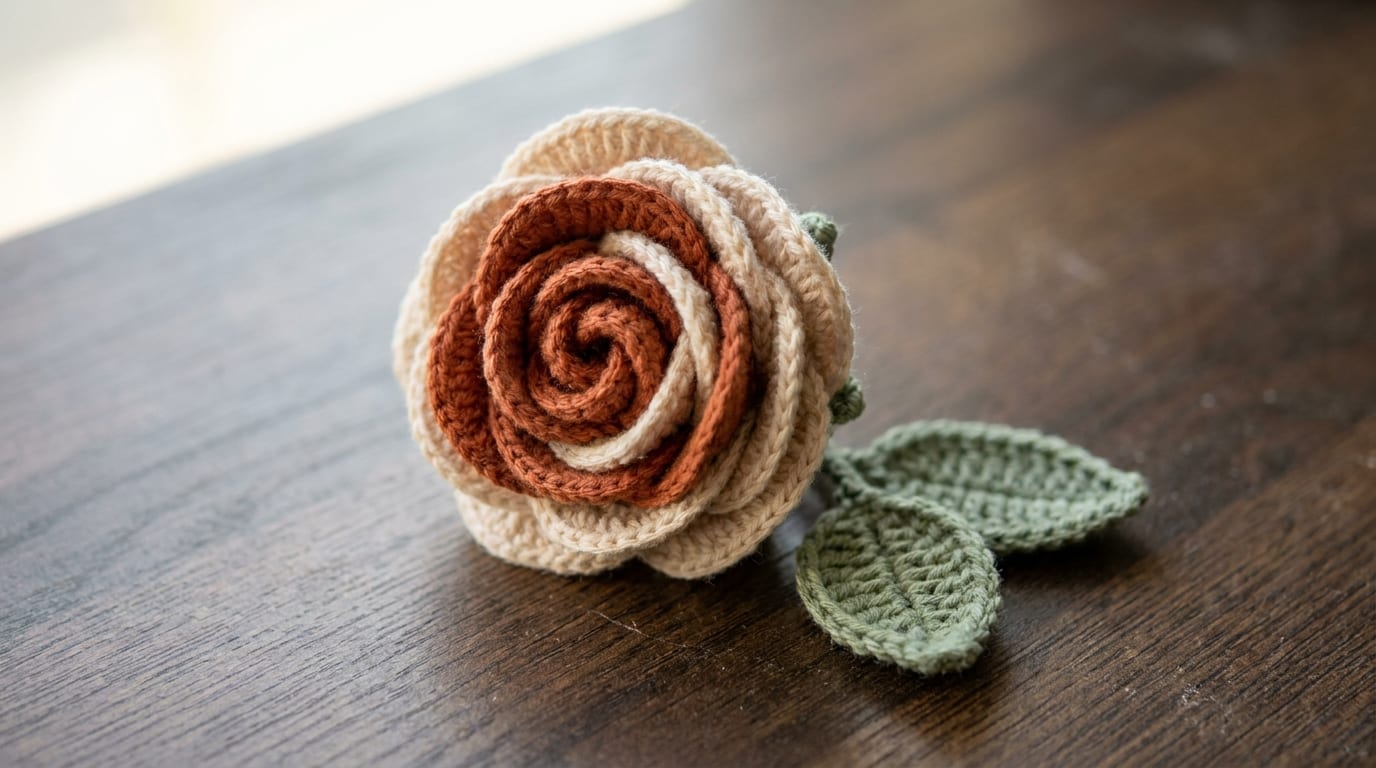 A finished terracotta crochet rose with a couple of green crochet leaves resting on a warm oak table in soft window light.