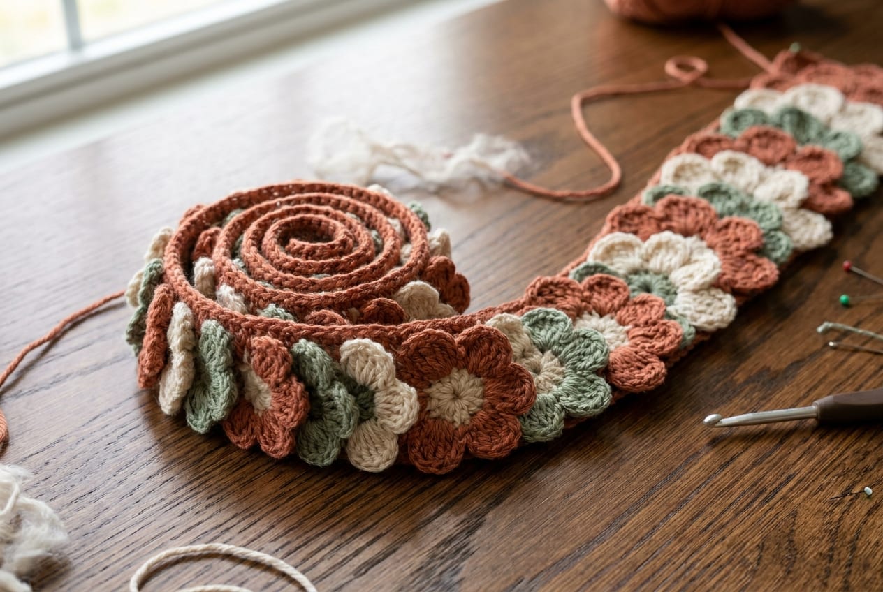 A flat crochet petal strip partly rolled into a spiral, shown mid-assembly on a warm oak table.