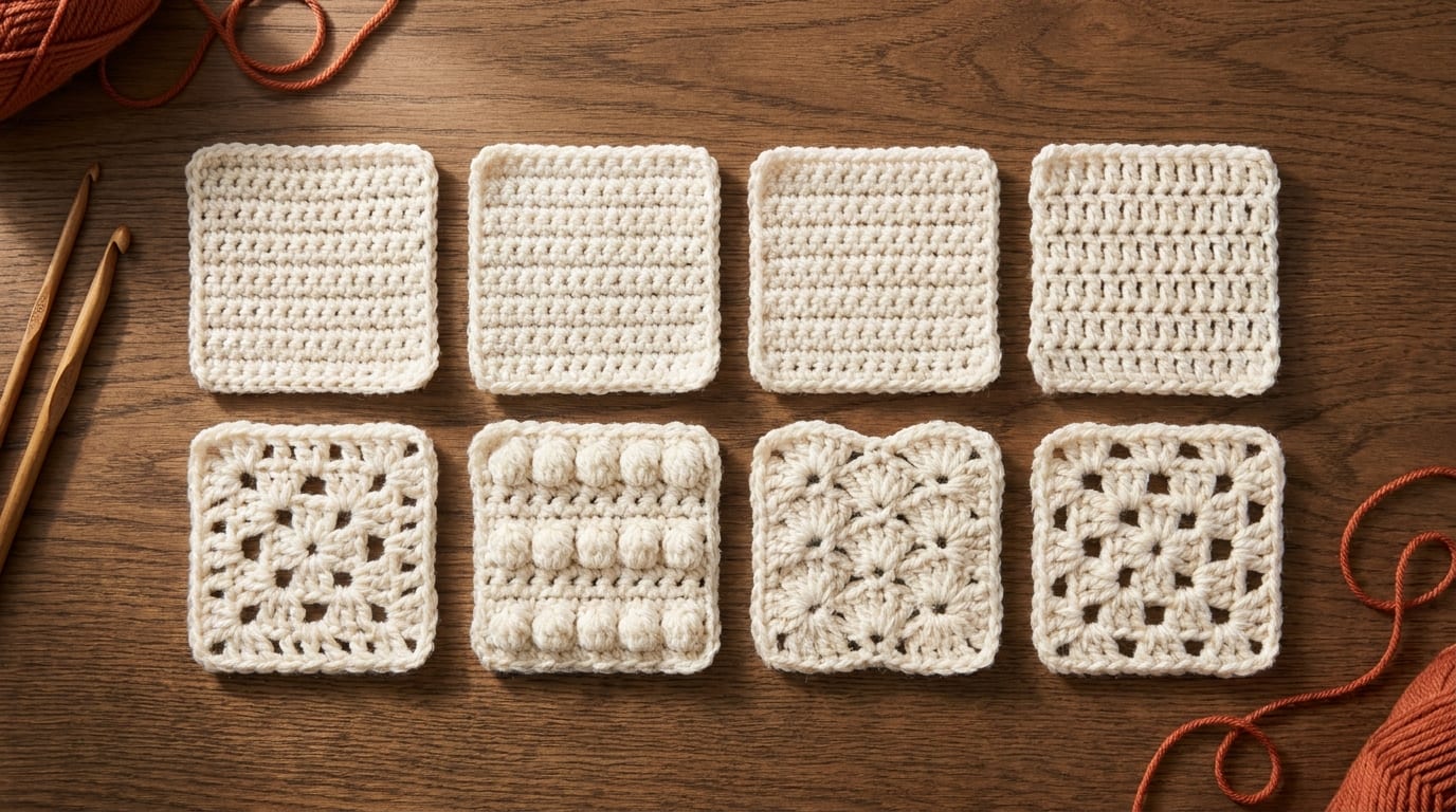 A tidy grid of labeled crochet stitches worked as cream wool swatches on a warm oak table, with small terracotta yarn accents and soft natural light.