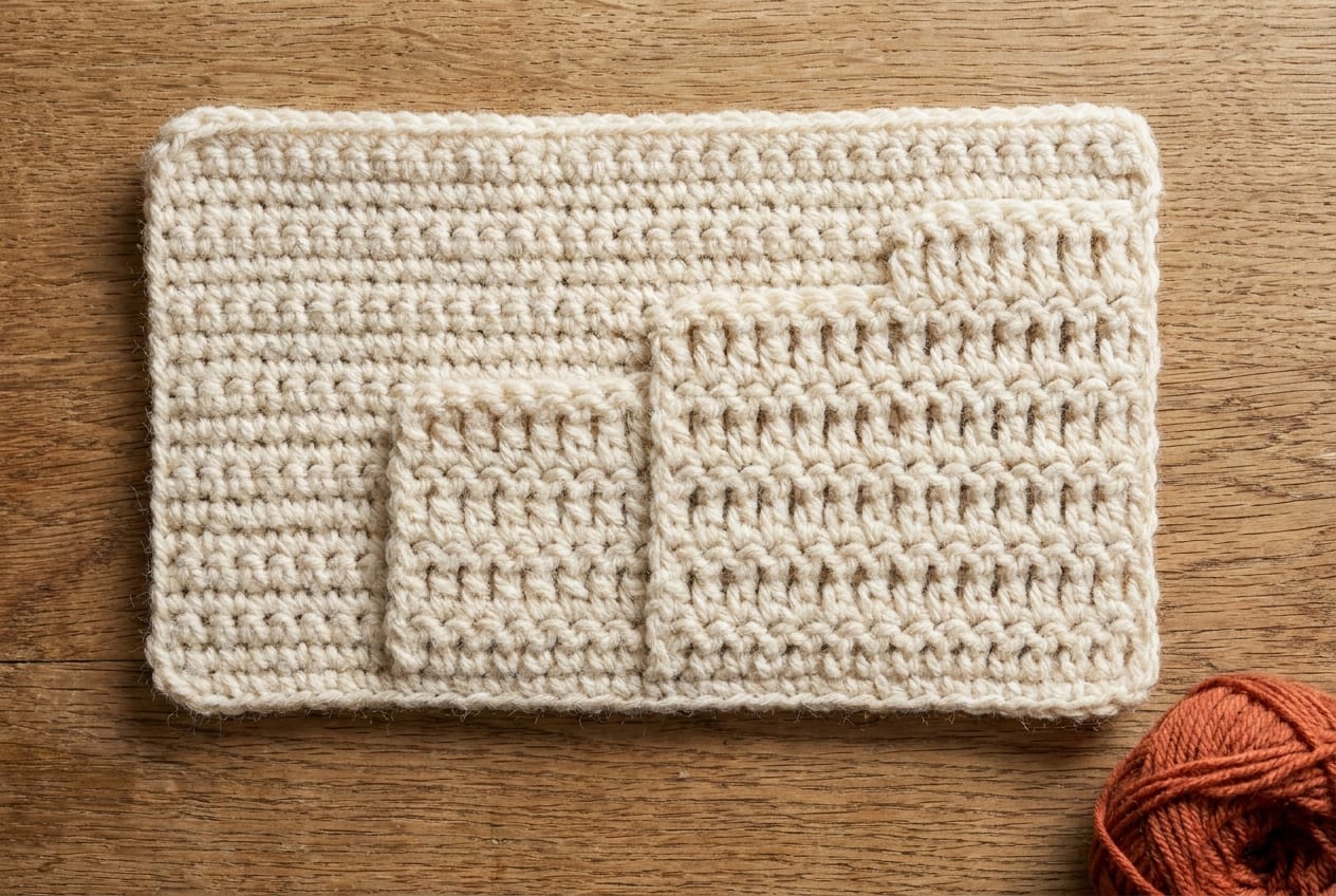 A row of basic crochet stitches worked in cream wool side by side, showing the increasing height from single crochet up to treble crochet.