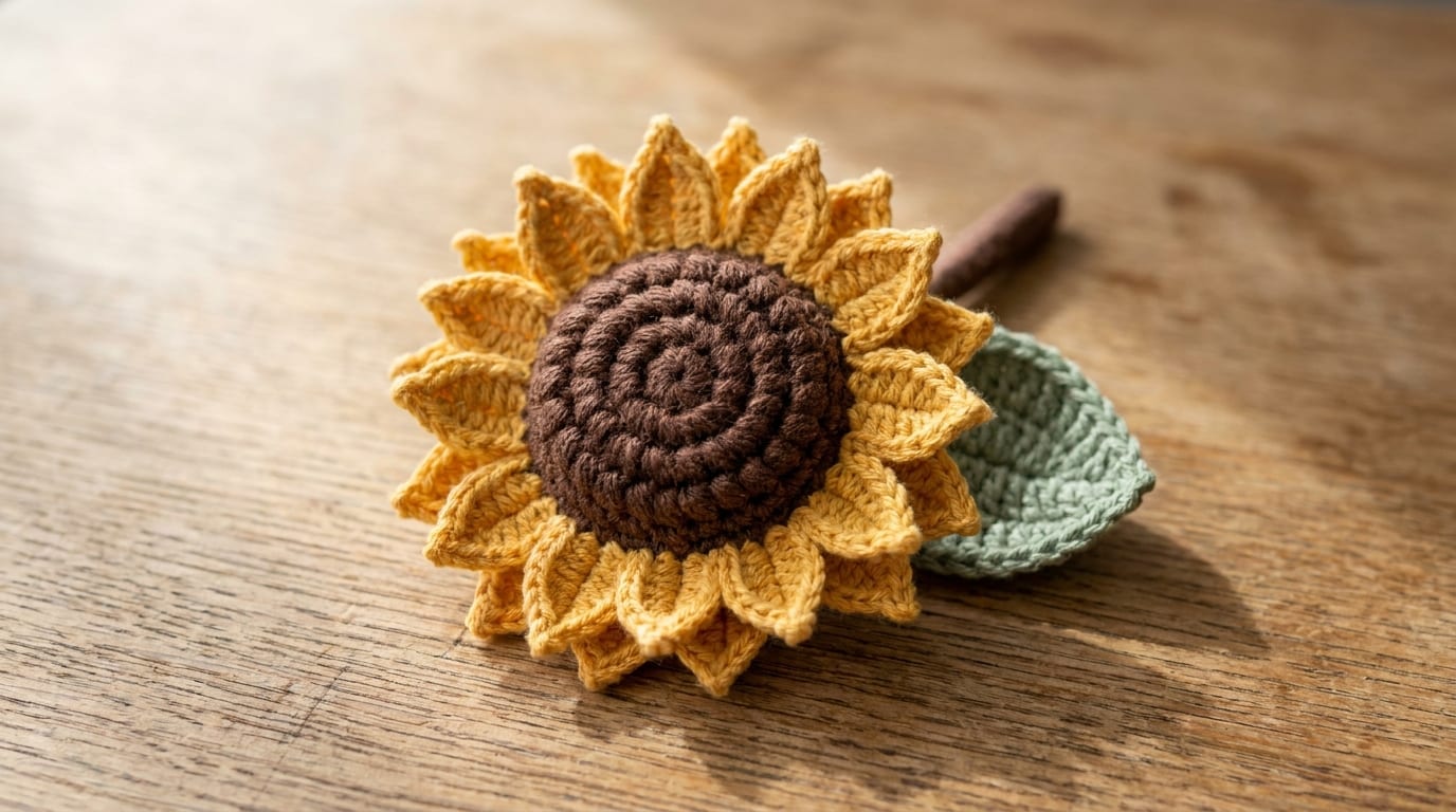 A finished crochet sunflower with a raised brown puff-stitch center and two layers of golden pointed petals, with a single sage green crochet leaf, resting on a warm oak table.