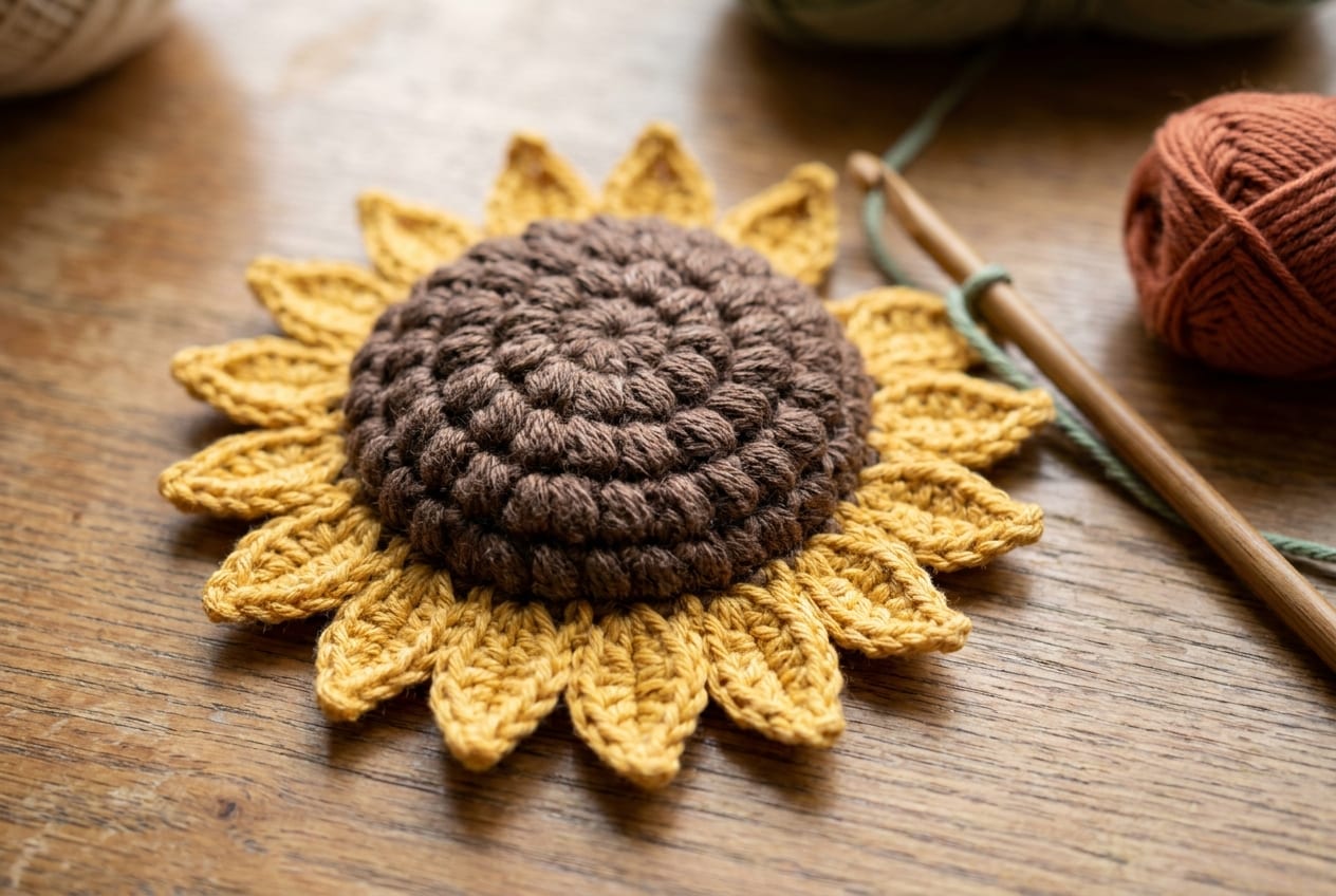 A close-up of a brown puff-stitch sunflower center surrounded by the first round of pointed golden petals being worked.