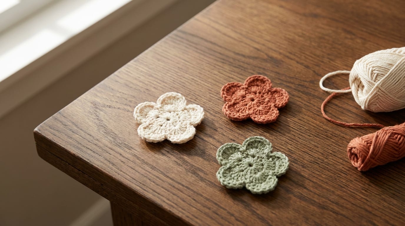 Several simple finished five-petal crochet flowers in cream, terracotta, and sage cotton arranged on a warm oak table.