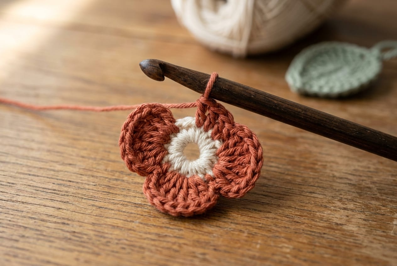 A small crochet flower in progress on the hook, with two or three petals already formed and the center ring visible.