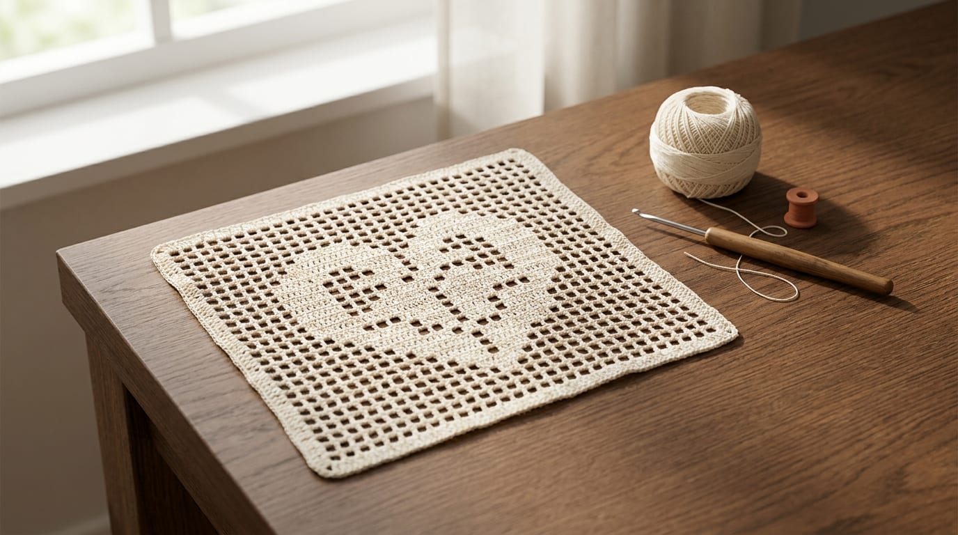 A piece of cream filet crochet lace showing a clear grid of open and filled squares forming a heart, resting on a warm oak table with a small ball of cream thread.