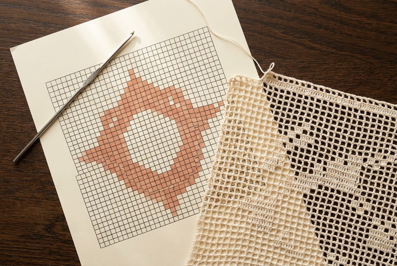 A printed filet crochet chart on cream paper beside a partly worked cream lace swatch, the shaded grid squares matching the filled blocks in the fabric.
