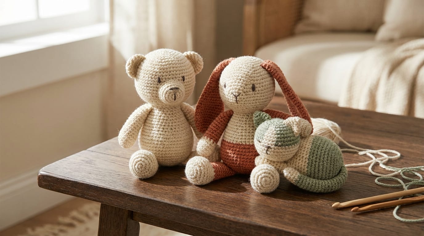 A small collection of finished crocheted stuffed animals, a bear, a bunny, and a cat, arranged together on a warm oak table in soft window light.