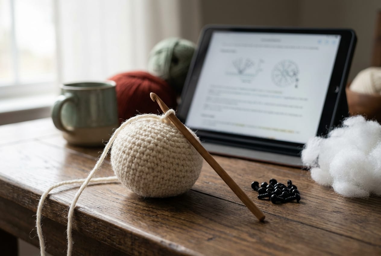 A half-finished crocheted amigurumi piece beside an open pattern on a tablet, with safety eyes and a bag of fiberfill on a warm oak table.