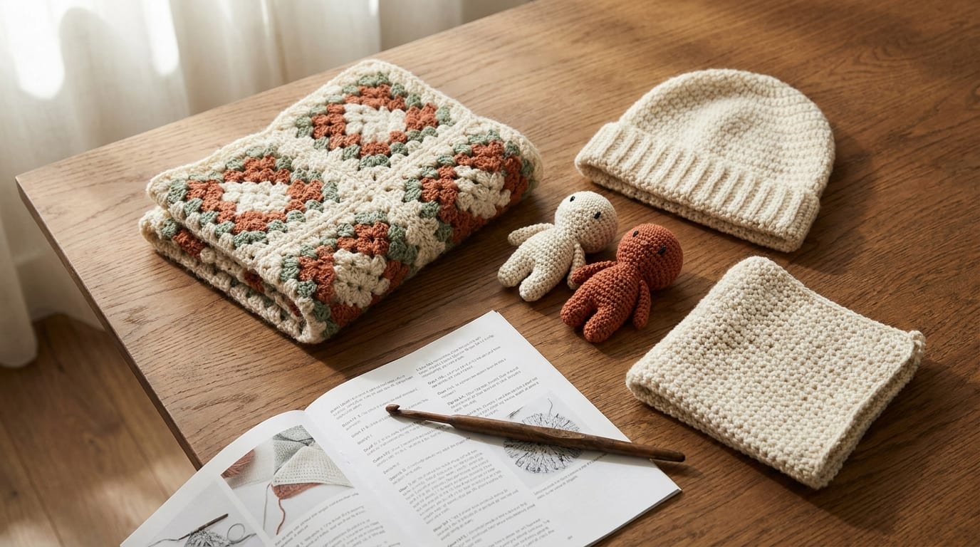 Top-down view of five folded crochet projects on a warm oak table beside a wooden hook and an open pattern booklet.
