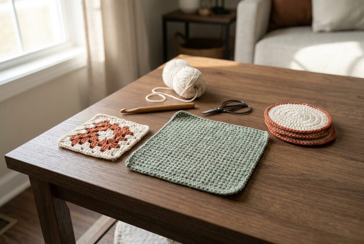 Three completed beginner crochet projects laid out on a wooden surface: a small granny square, a dishcloth, and a coaster set.