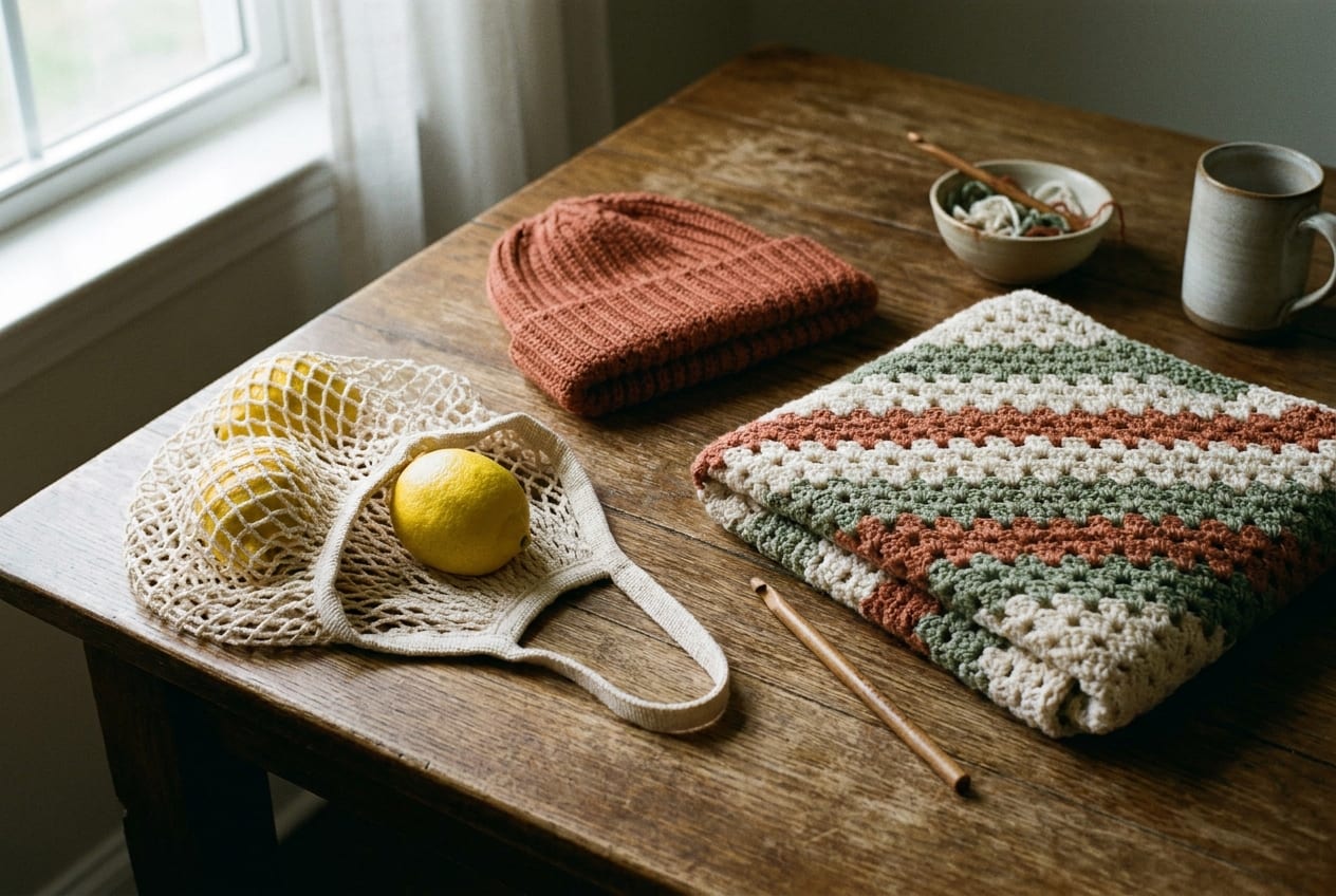 A crochet market bag, a ribbed beanie, and a striped triangle shawl arranged on a warm oak table.