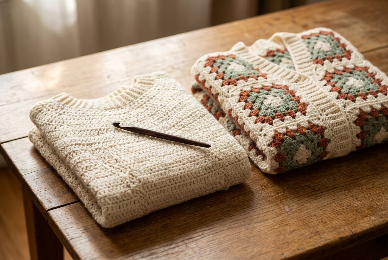 A folded cream crochet pullover and a granny-square cardigan stacked on a warm oak table with a wooden hook.