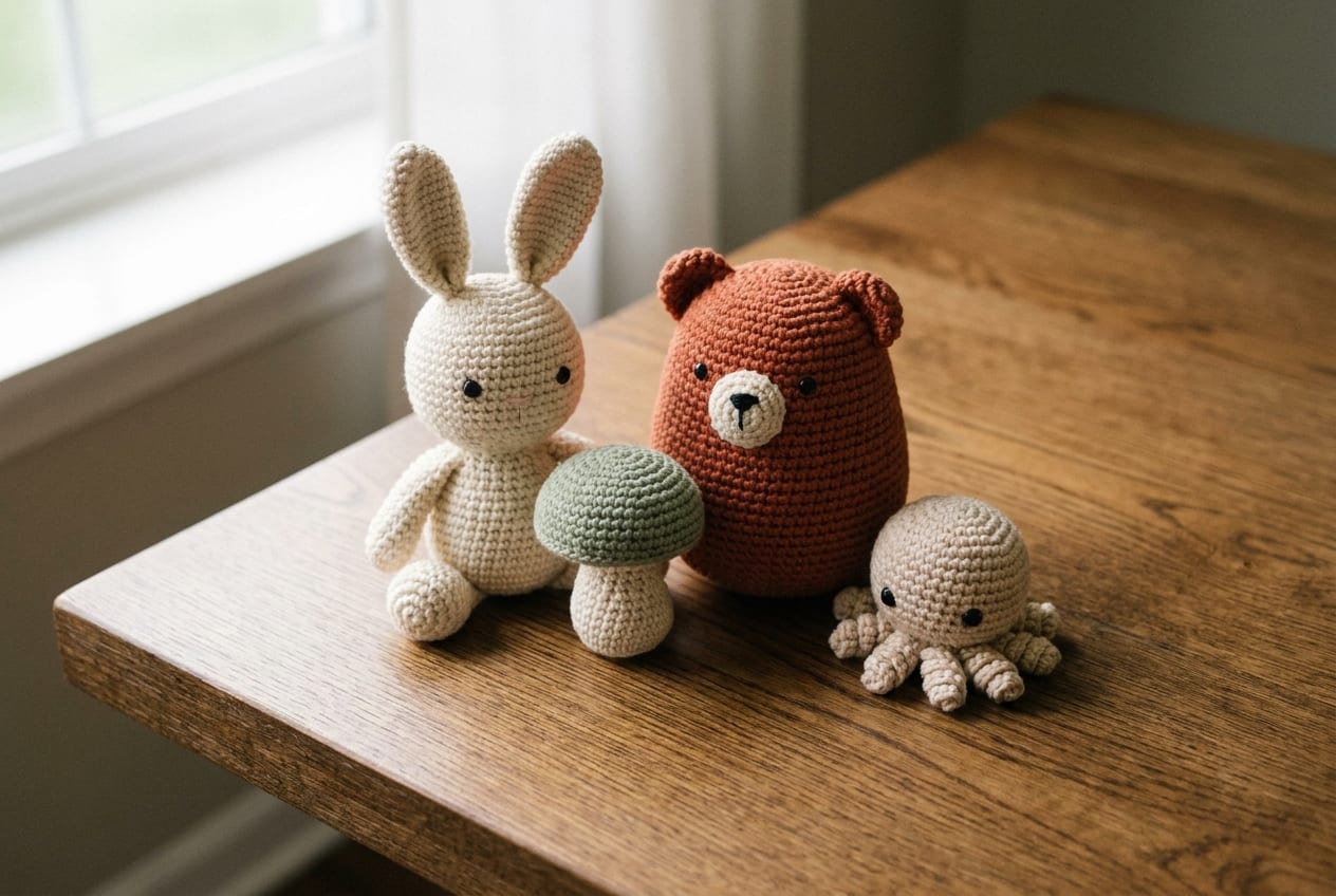 A group of small crochet amigurumi toys including a bunny, a bear, and a mushroom on a warm oak table.