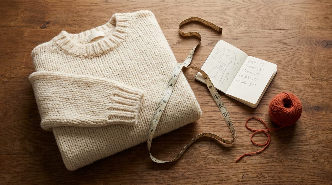 A folded hand-knit cream sweater on a warm oak table with a tape measure and a small notebook of fit notes.