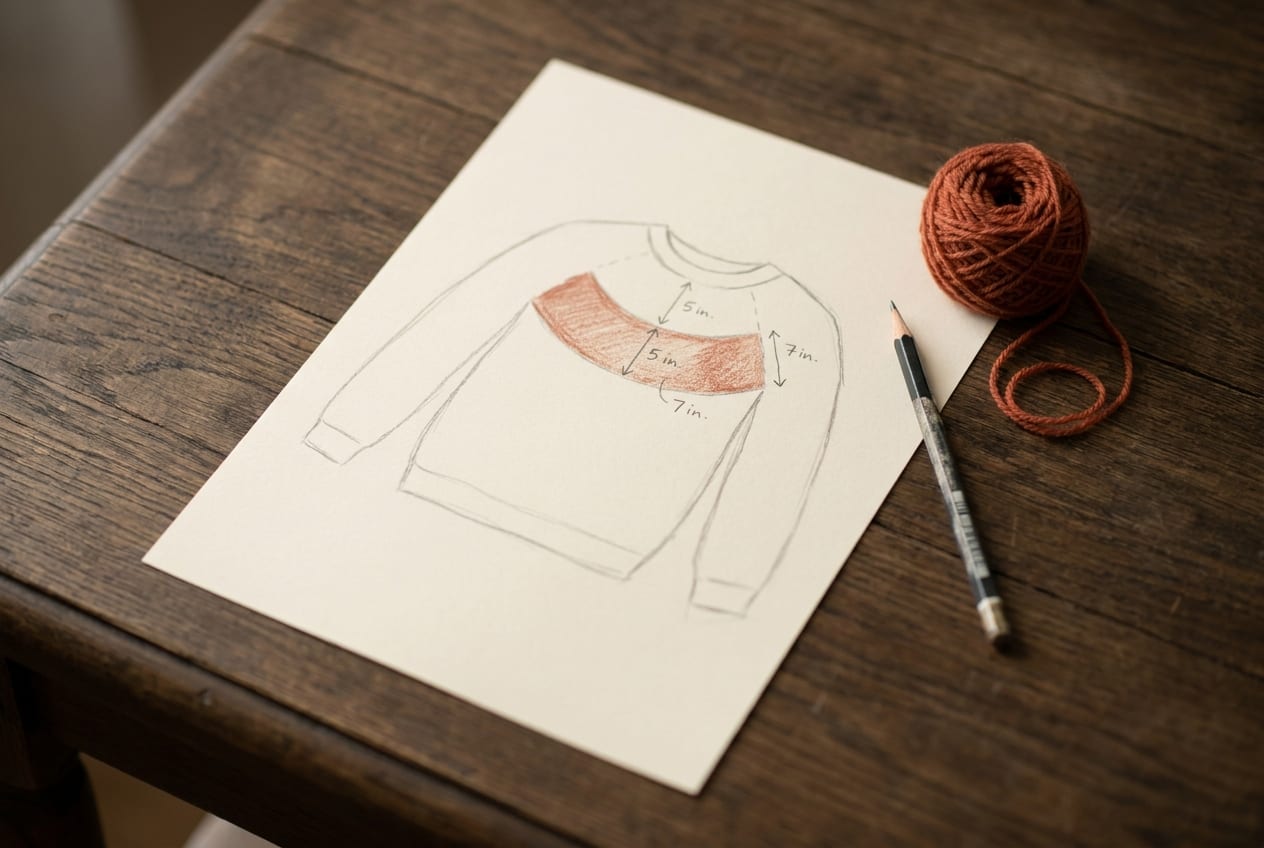 A simple hand-drawn schematic on cream paper showing a sweater front with a wedge of short rows added over the bust.