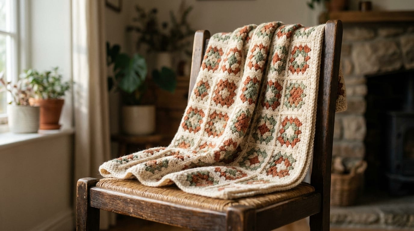 A finished cream and terracotta granny square blanket draped over the back of a wooden chair by a window.